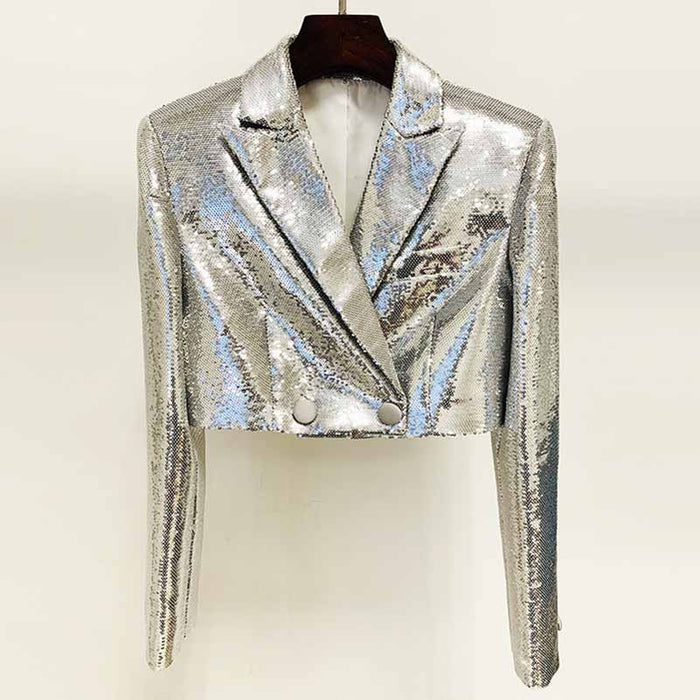 Women Sequin Silver V-Neck Long Sleeve Skirt Suit Clubwear Two Pieces BLING BLING Party Suits