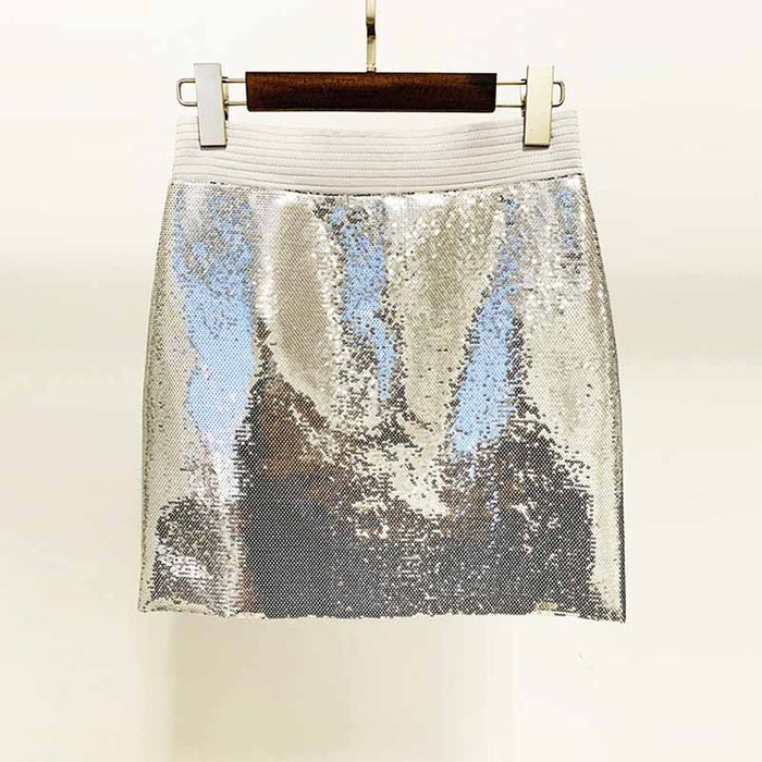 Women Sequin Silver V-Neck Long Sleeve Skirt Suit Clubwear Two Pieces BLING BLING Party Suits