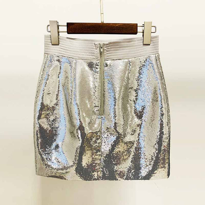 Women Sequin Silver V-Neck Long Sleeve Skirt Suit Clubwear Two Pieces BLING BLING Party Suits