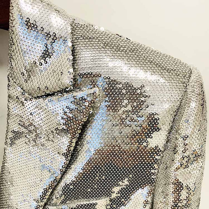 Women Sequin Silver V-Neck Long Sleeve Skirt Suit Clubwear Two Pieces BLING BLING Party Suits