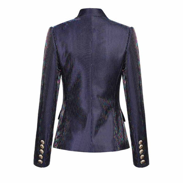 Women Sequins Dark Blue Blazer Long Sleeve Double breasted Party Jacket