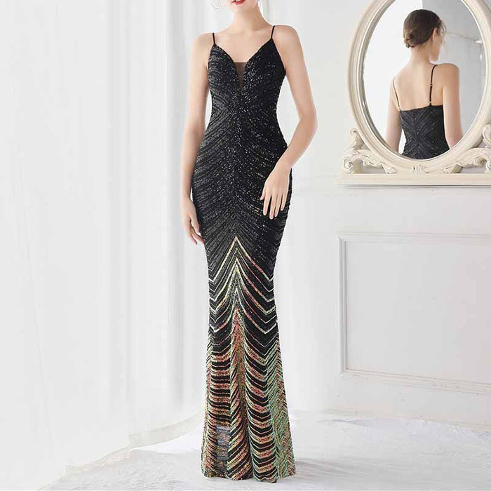 Women Shiny Sleeveless Formal Evening Dresses Spaghetti Strap Ball Gown S-4XL