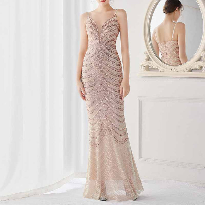 Women Shiny Sleeveless Formal Evening Dresses Spaghetti Strap Ball Gown S-4XL