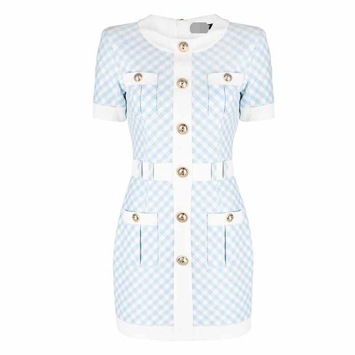 Women Short Sleeves Fitted checkered Mini Bodycon Dress