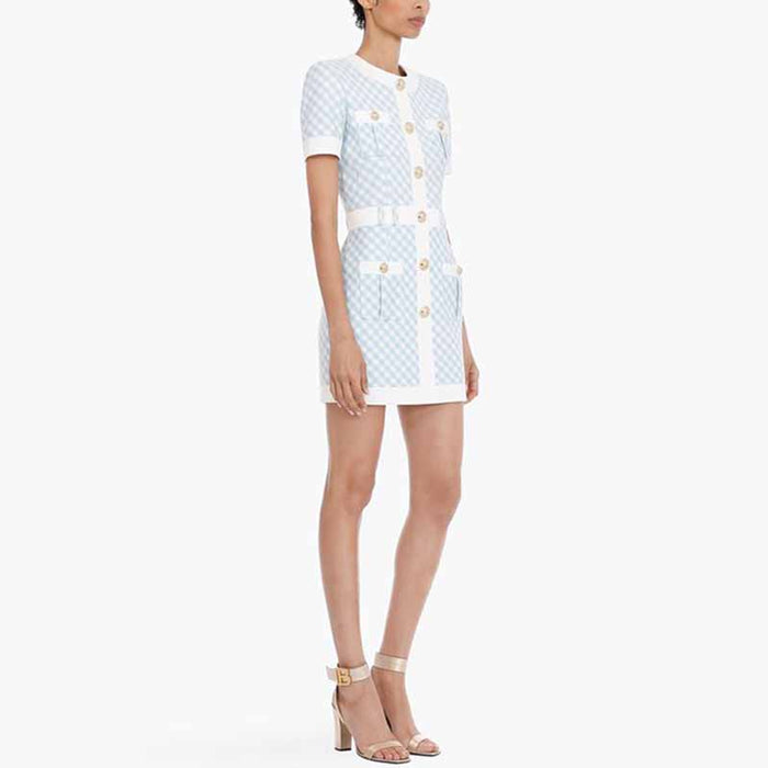 Women Short Sleeves Fitted checkered Mini Bodycon Dress