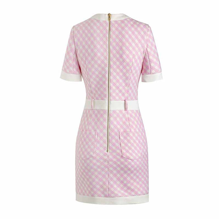 Women Short Sleeves Fitted checkered Mini Bodycon Dress