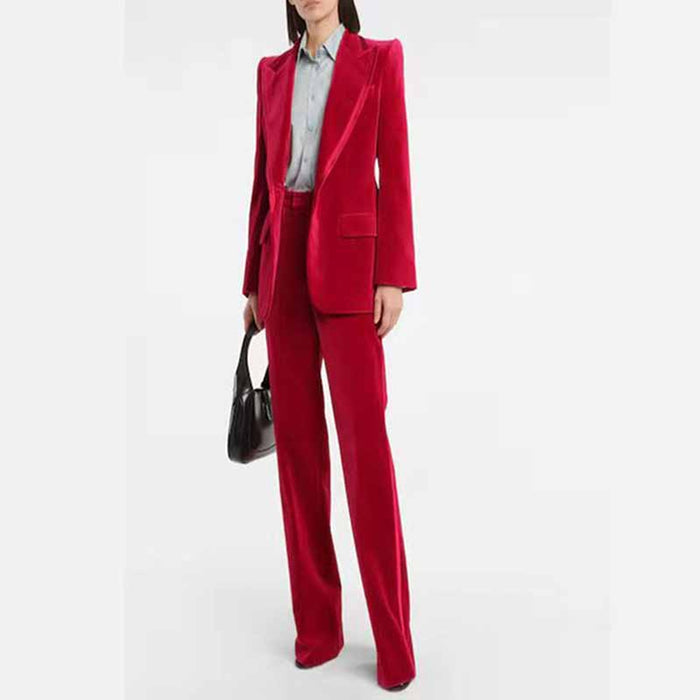 Women Single Breasted Blazer Red Jacket and Suit Pants 2 Pieces Suit