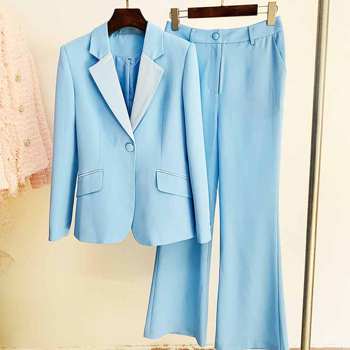 Women Sky blue Blazer + Flare Trousers Suit