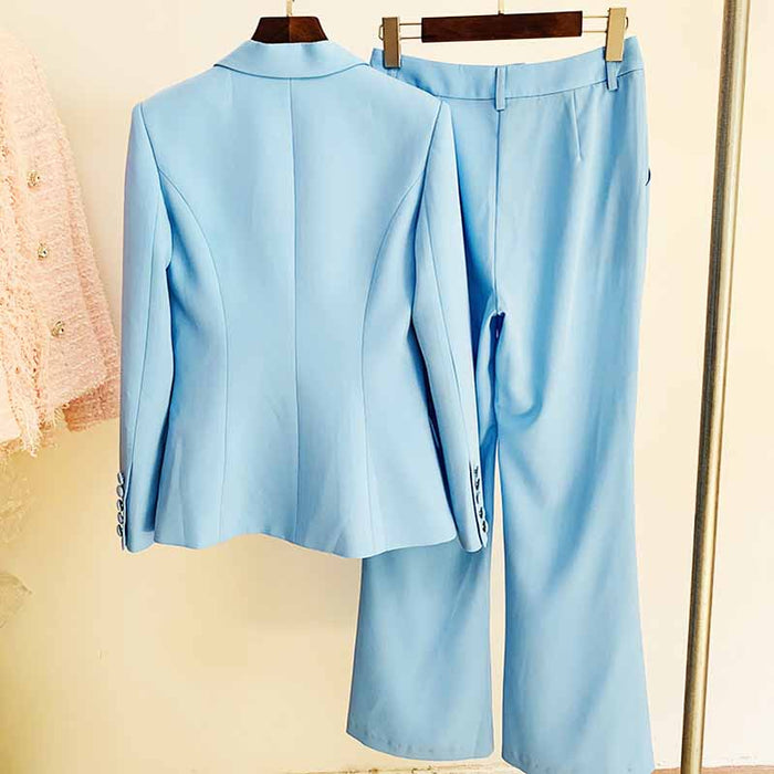 Women Sky blue Blazer + Flare Trousers Suit
