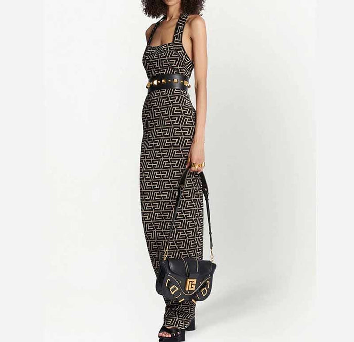Women Sleeveless Halter Bra Knitted Long Dress Slim Geometric Pattern Dress