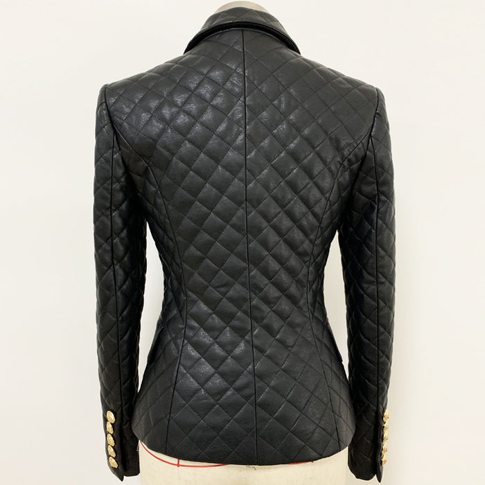 Women Slim-fit PU Leather Jacket Double Breasted Blazer In Black