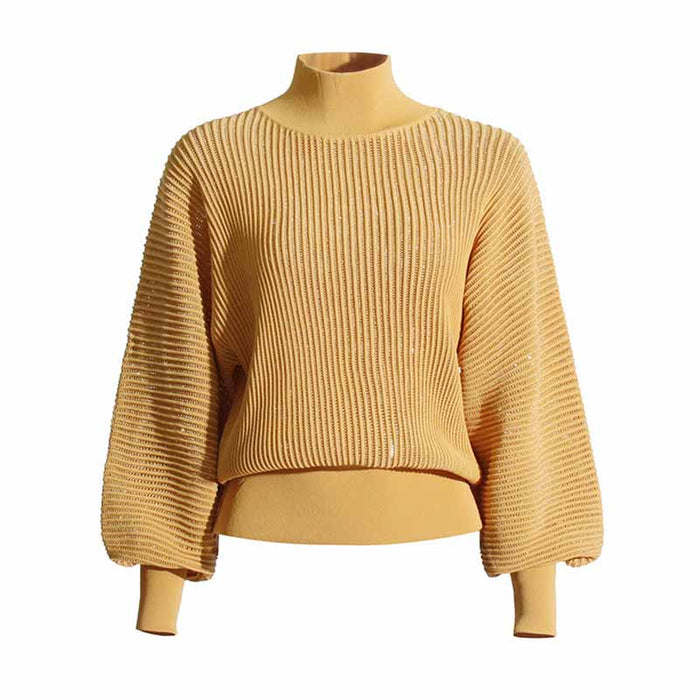 Women Stand Collar Lantern Sleeve Sweater