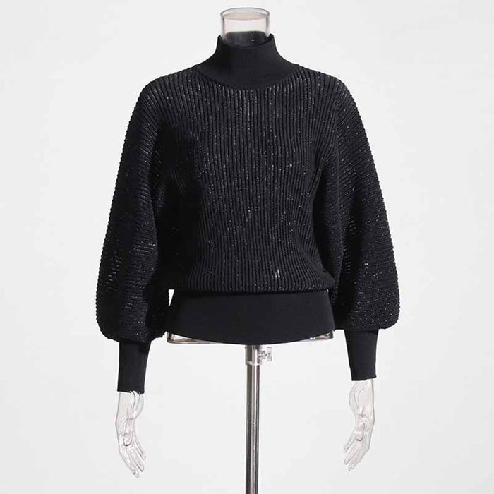 Women Stand Collar Lantern Sleeve Sweater