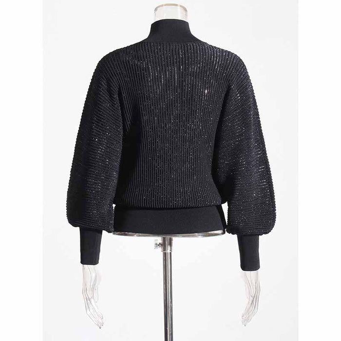 Women Stand Collar Lantern Sleeve Sweater