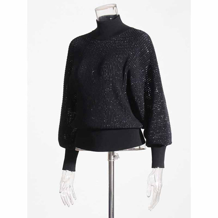 Women Stand Collar Lantern Sleeve Sweater