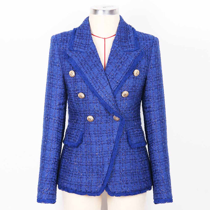 Women Tassel Fringe Trim Metal Lion Buttons Golden Checked Tweed Blazer Jacket Royal Blue