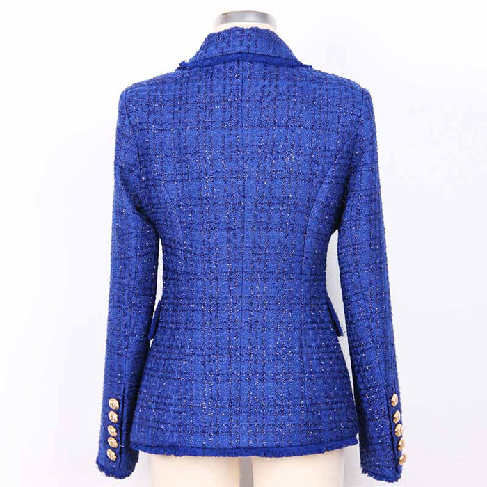 Women Tassel Fringe Trim Metal Lion Buttons Golden Checked Tweed Blazer Jacket Royal Blue