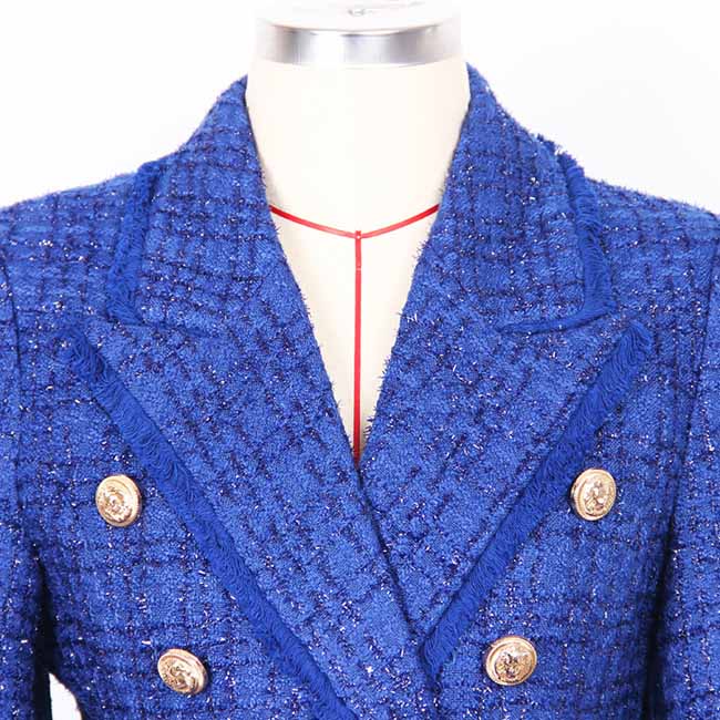 Women Tassel Fringe Trim Metal Lion Buttons Golden Checked Tweed Blazer Jacket Royal Blue
