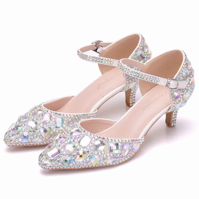 Women Thick Heel Mary-Jane Sandals Kitten Heel Pointed Toe Wedding Shoes