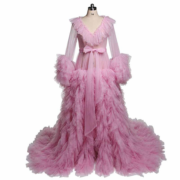 Women Tulle Robe Puffy Gown Long Sleeves Court Train Tie Closure