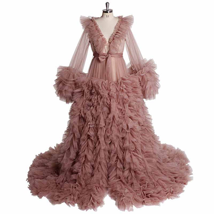 Women Tulle Robe Puffy Gown Long Sleeves Court Train Tie Closure