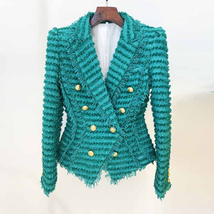 Women Turquoise Tweed Golden Buttons Fitted Blazer + Mid- Waist Shorts Suit / Party Suit / Wedding Suit