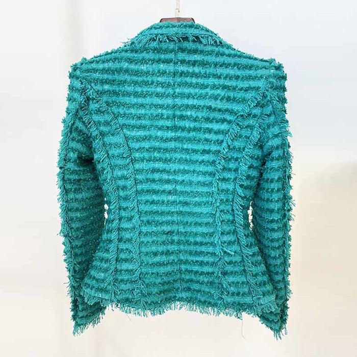 Women Turquoise Tweed Golden Buttons Fitted Blazer + Mid- Waist Shorts Suit / Party Suit / Wedding Suit