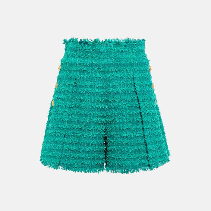 Women Turquoise Tweed Golden Buttons Fitted Blazer + Mid- Waist Shorts Suit / Party Suit / Wedding Suit