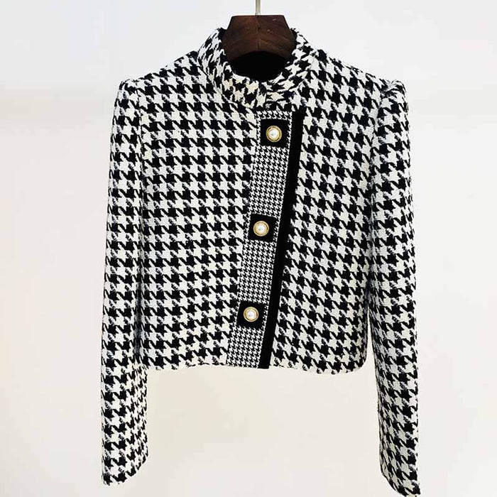 Women Tweed Thousand Bird Lattice Coat Fall Winter Leisure Short Woolen Jacket