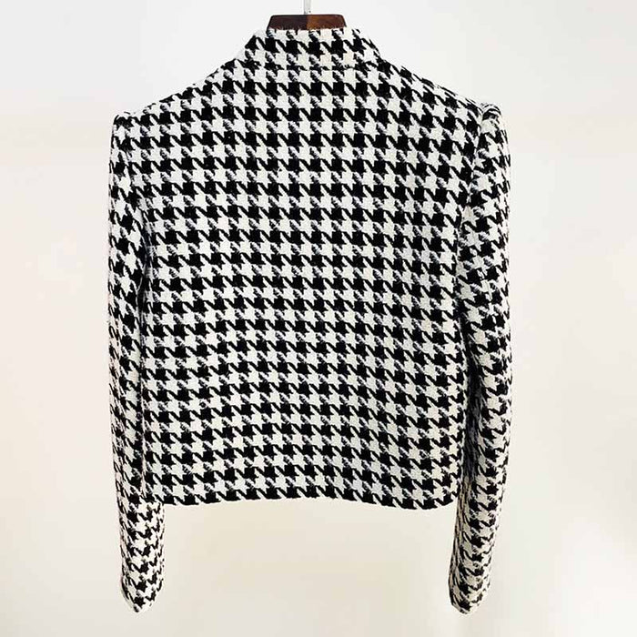 Women Tweed Thousand Bird Lattice Coat Fall Winter Leisure Short Woolen Jacket
