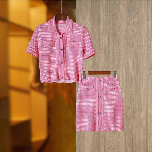 Women Tweed Two Pieces Pink Suit Short Sleeve Skirt Set
