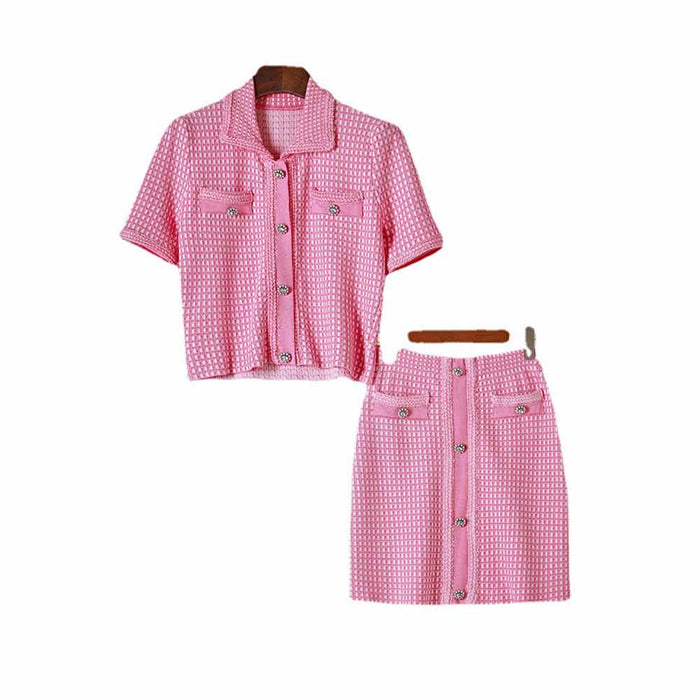 Women Tweed Two Pieces Pink Suit Short Sleeve Skirt Set