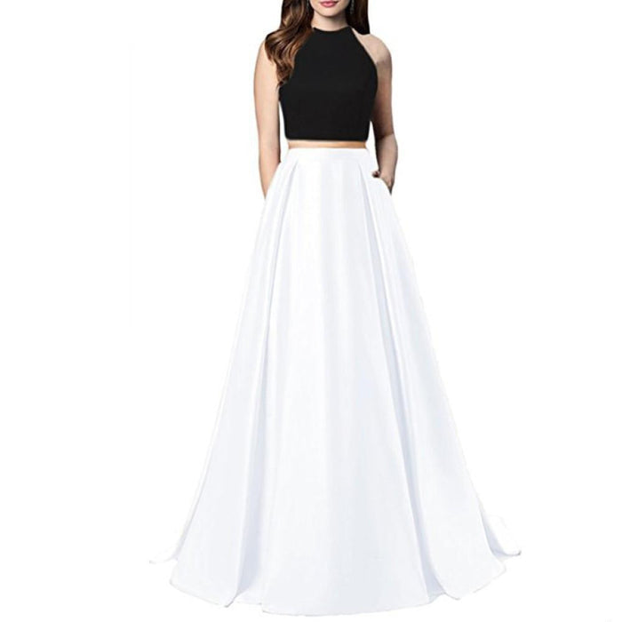 Women Two Piece Long Prom Dress Crop Top Satin Evening Formal Dresses With Pocket