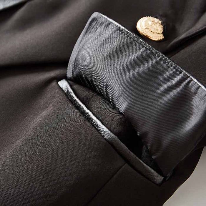 Women V-Neck Leather Collar Blazer Double Breasted Black Jacket