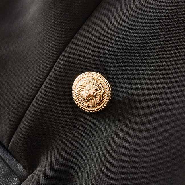 Women V-Neck Leather Collar Blazer Double Breasted Black Jacket