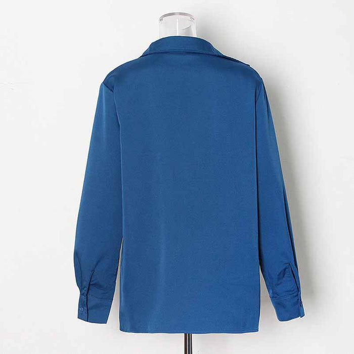 Women V Neck Silk Blouse Loose Franch Shirt