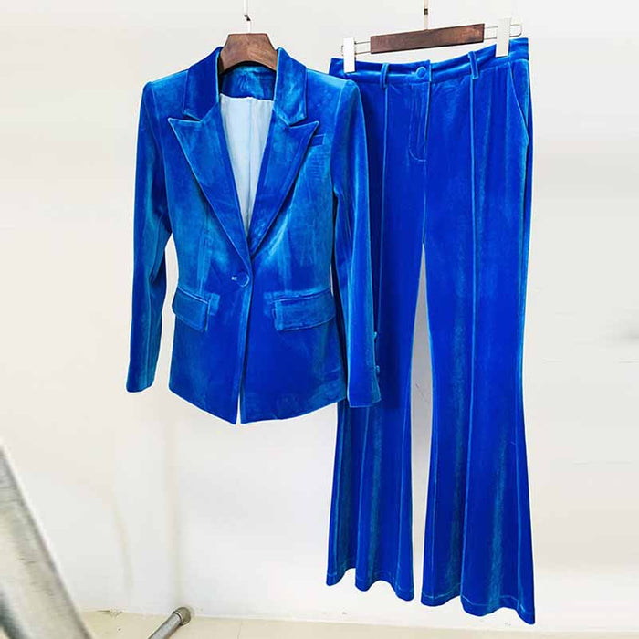Women Velvet Blazer + Flare Trousers Suit Fashion Pant Suits