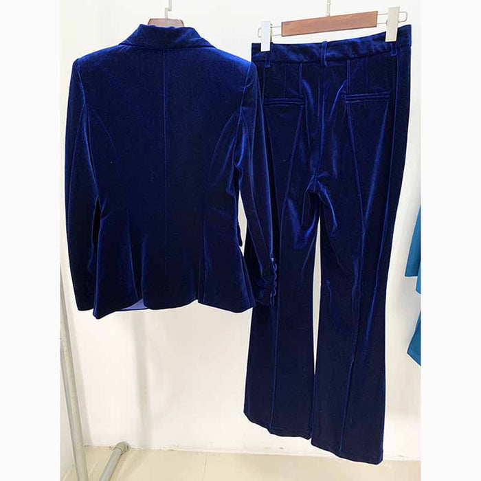 Women Velvet Blazer + Flare Trousers Suit Two Piece Pantsuits
