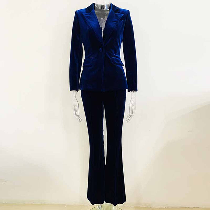 Women Velvet Blazer + Flare Trousers Suit Two Piece Pantsuits