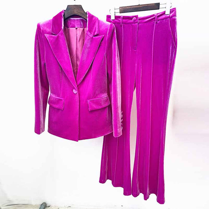 Women Velvet Blazer + Flare Trousers Suit Two Piece Pantsuits
