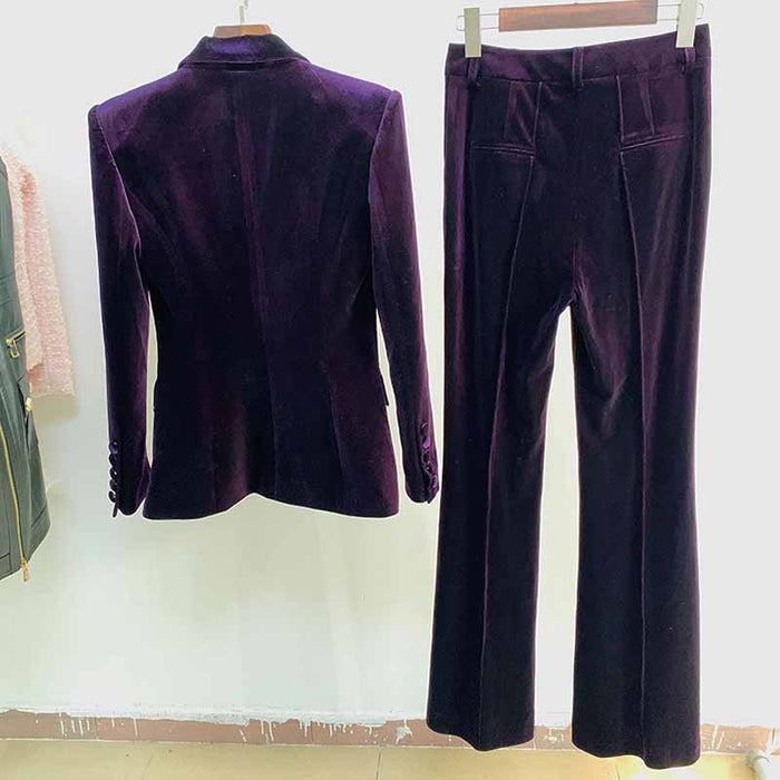 Women Velvet Blazer Pantsuit+ Flare Trousers Suit