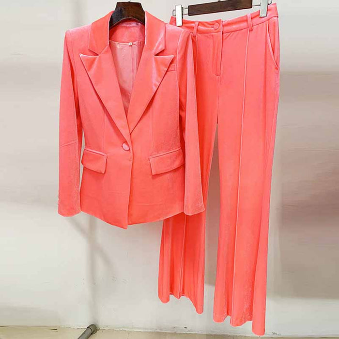 Women Velvet Coral Pantsuit One Button Blazer + Mid-High Rise Flare Trousers Pants Suit, Wedding Suit,