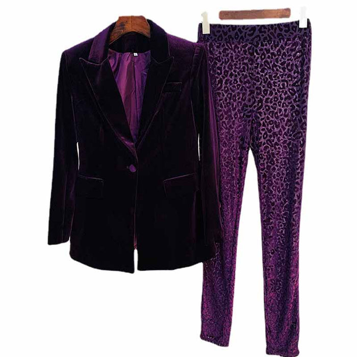 Women Velvet Dark Purple Blazer Pantsuit + Flare Trousers Suit