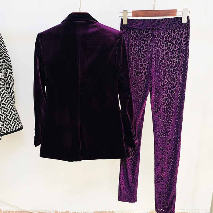 Women Velvet Dark Purple Blazer Pantsuit + Flare Trousers Suit