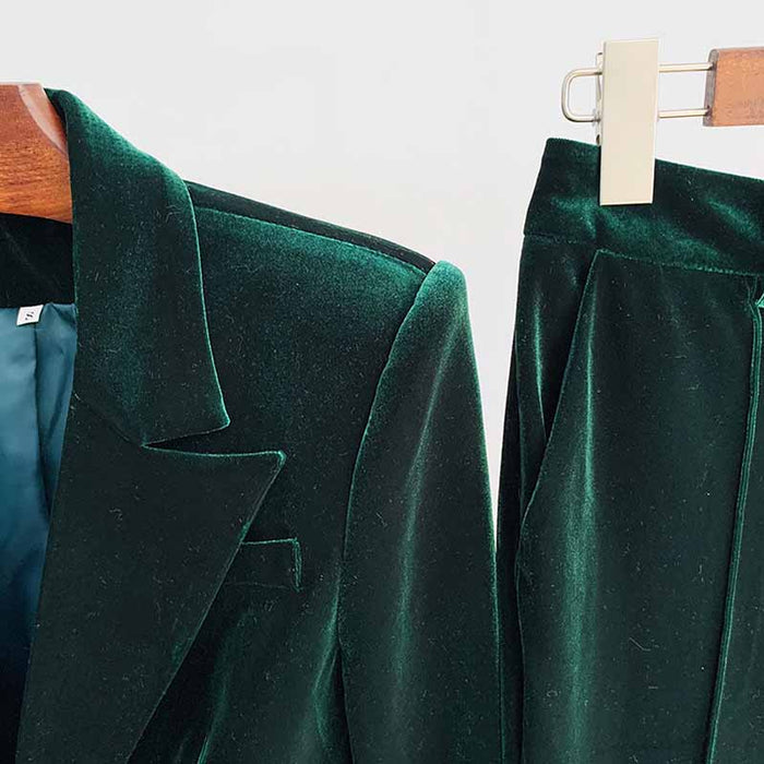 Women Velvet Green Blazer + Flare Trousers Suit