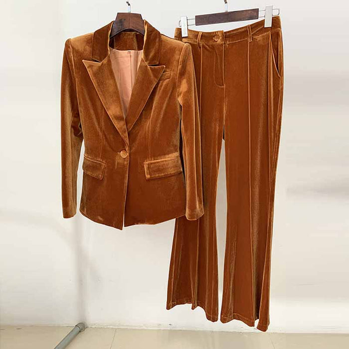 Women Velvet Pantsuit Brown Green Purple Blazer + Mid-High Rise Flare Trousers Pants