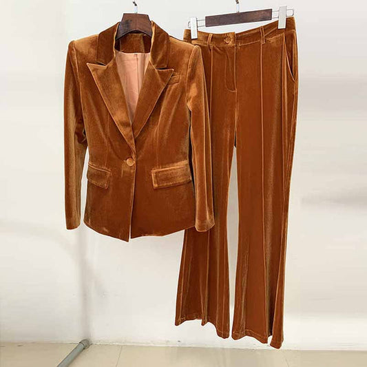 Women Velvet Pantsuit Brown Green Purple Blazer + Mid-High Rise Flare Trousers Pants
