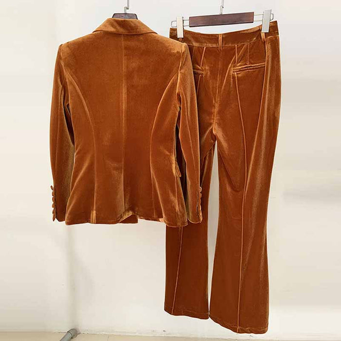Women Velvet Pantsuit Brown Green Purple Blazer + Mid-High Rise Flare Trousers Pants