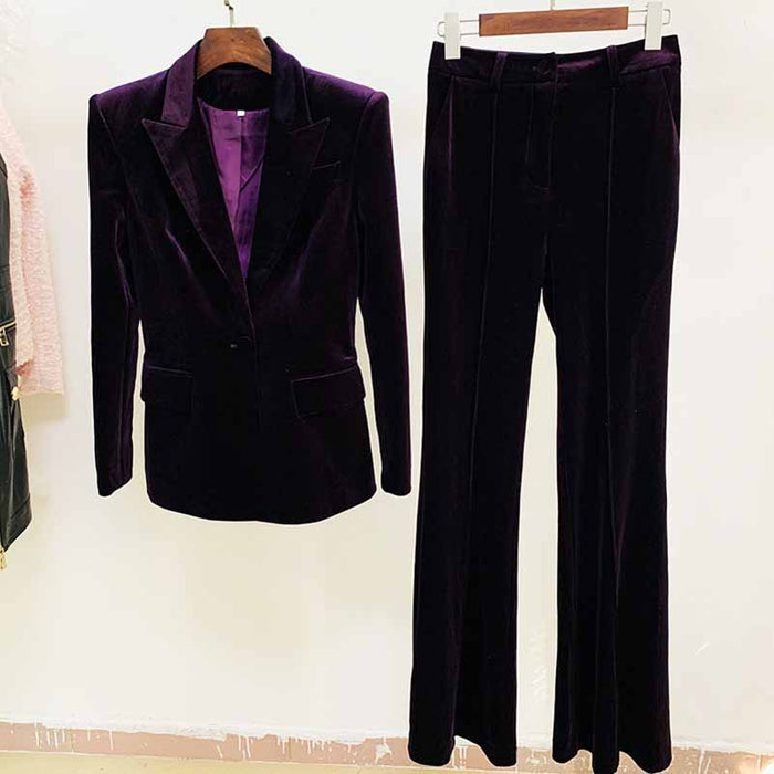 Women Velvet Pantsuit Brown Green Purple Blazer + Mid-High Rise Flare Trousers Pants