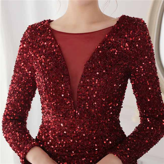 Women Wedding Party Dress Long Sleeve Sequin Dress Split Formal Evening Gowns